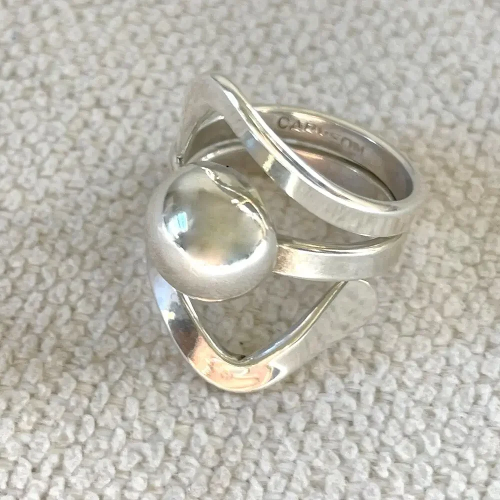 Vintage Sterling Silver Statement Ring Sculptural Abstract‎ Orb Modernist Signed